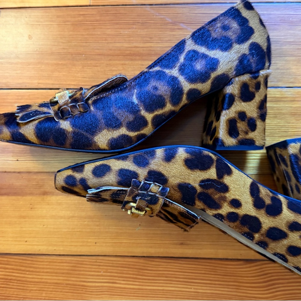 Boden Leopard Print Loafers with Gold Buckle & Block Heel